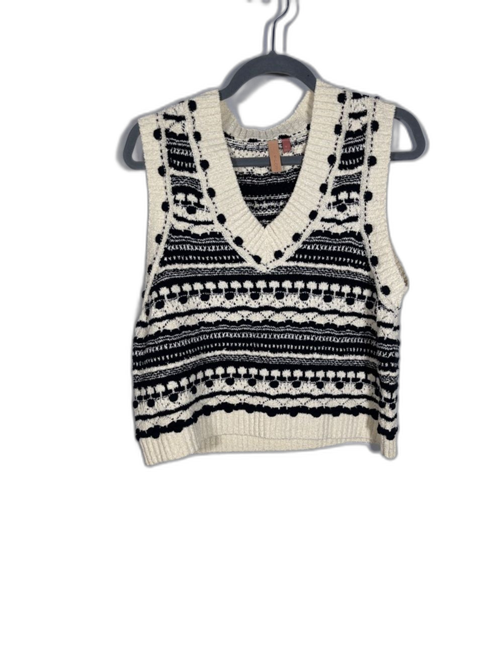 PILCRO ANTHROPOLOGIE WOMENS TEXTURED BLACK CREAM SEMI CROPPED SWEATER VEST LARGE